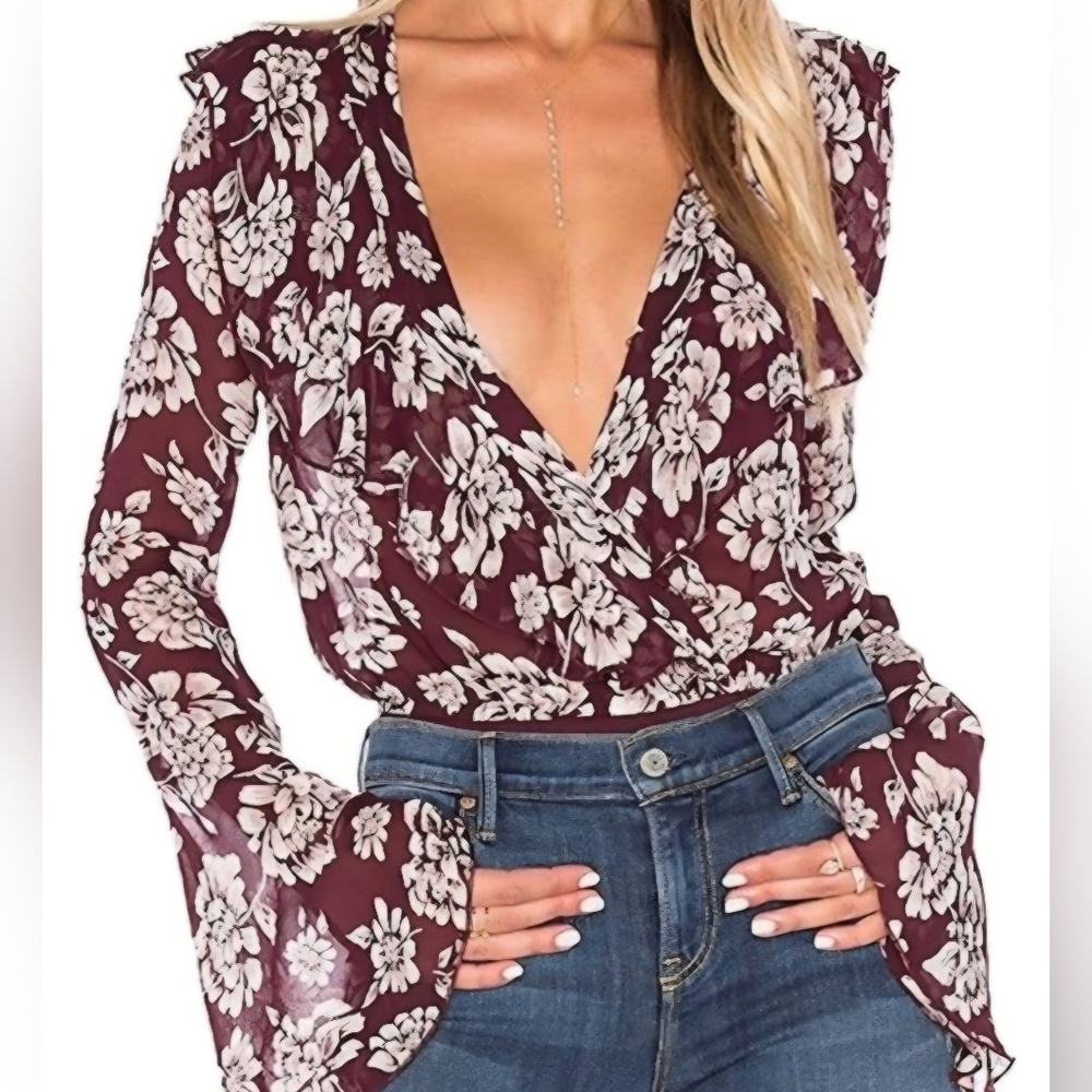 Band of Gypsies Maroon Floral Wrap Blouse